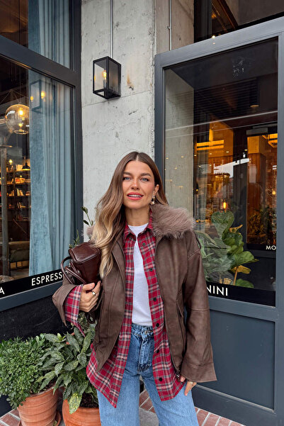 Sue Store Brown Detachable Collar Pocketed Lined Suede Coat