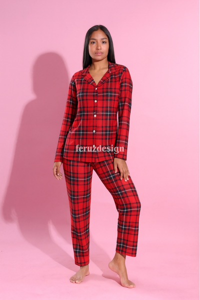 Feruzdesign Red Plaid Buttoned Front Long Sleeve Pajama Set