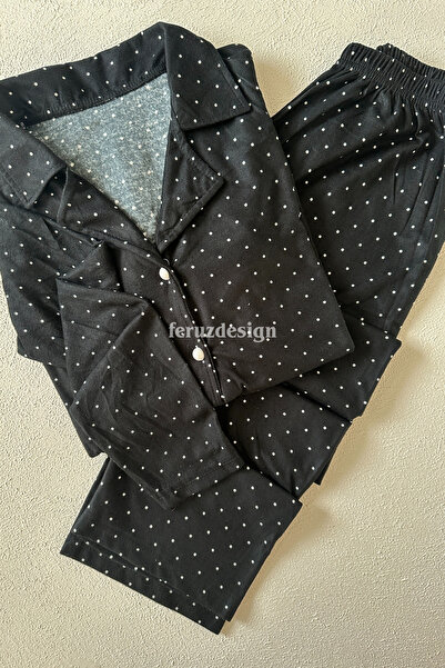 Feruzdesign Black Polka Dot Button Front Long Sleeve Pajama Set