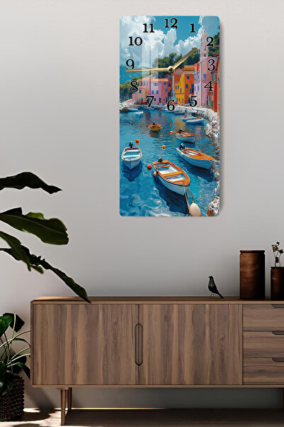 kutuTR Temperli Cam Tablo Saat – Akdeniz Manzaralı 30x60cm UV Baskı – USD003