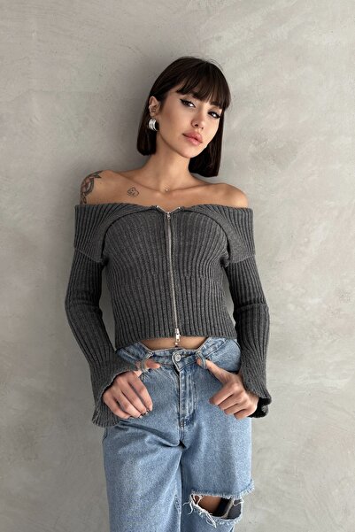 Rabi Shine سترة نسائية بياقة مادونا وسحاب مزدوج