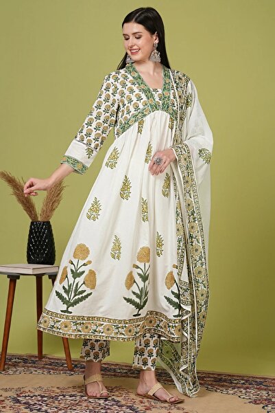 PRIYA'S PANACHE Women's Ethnic Floral Embroidered A-Line Kurta Set with Pants & Dupatta - White