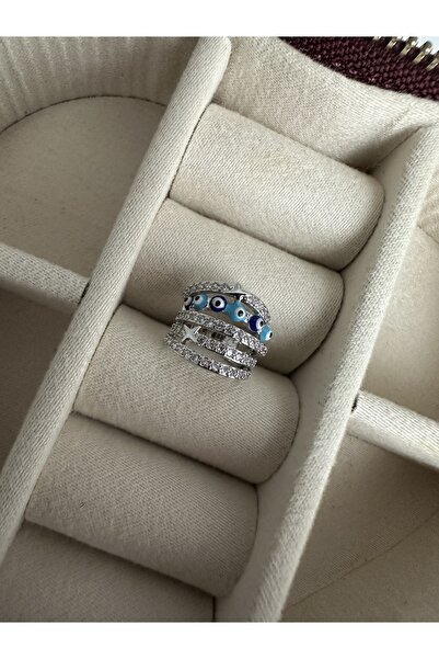 ringbox Gümüş Renkli Nazar Boncuklu Kıkırdak Küpe Earcuff