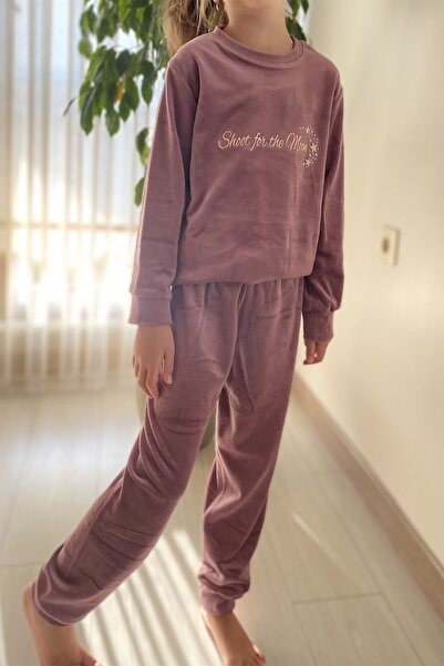 sharin Kız Çocuk Mor Uzun Kol Kışlık Kadife Bisiklet Yaka Pijama Takımı 10E-2355
