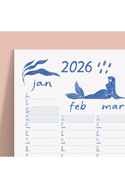 bi'aldım 2026 Yıllık Planlayıcı Duvar Takvimi, Deniz Kızı ve Okyanus Sanatı, Kobalt Mavi Takvim, 2026 Duvar T