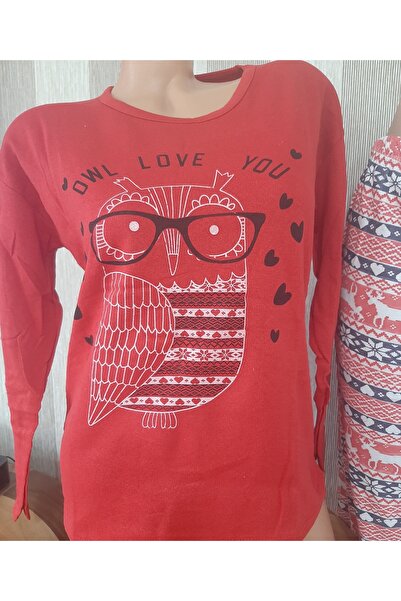 Butik Red Front Patterned Long Sleeve Top and Long Elasticated 100% Cotton Pajama Set