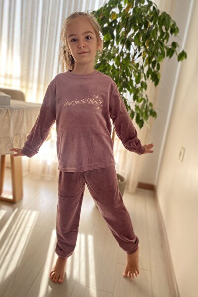 sharin Kız Çocuk Mor Uzun Kol Kışlık Kadife Bisiklet Yaka Pijama Takımı 10E-2355