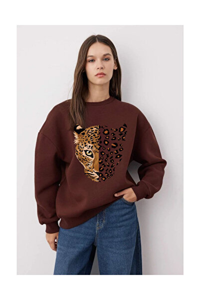 Tubinyoo سترة رياضية بياقة دائرية مطبوعة بنقشة الفهد بثلاثة خيوط