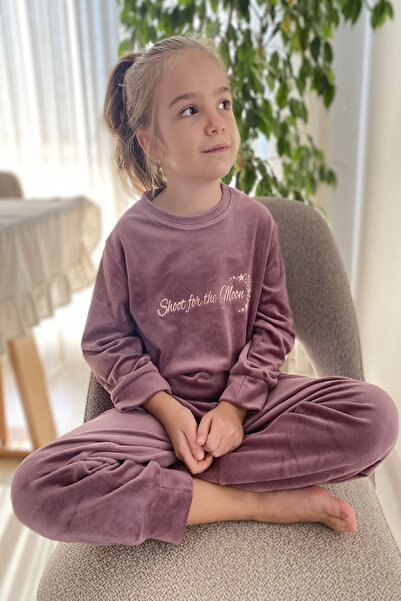 sharin Kız Çocuk Mor Uzun Kol Kışlık Kadife Bisiklet Yaka Pijama Takımı 10E-2355