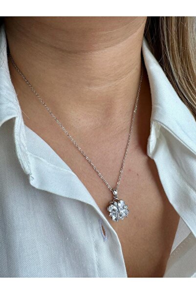 H&S AKSESUAR Women's Steel Necklace Rotatable Flower Stone Model