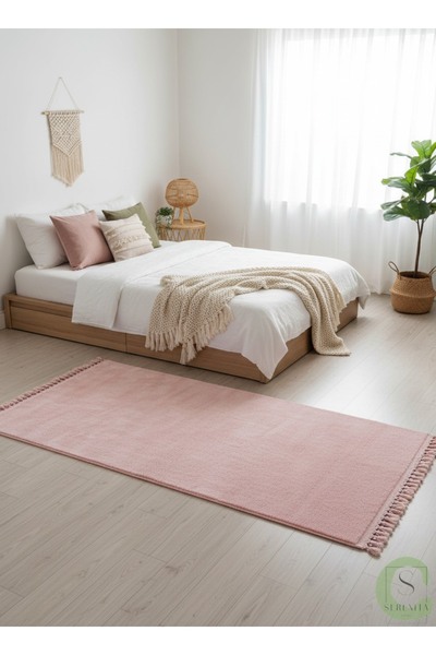 SERENİTA Yıkanabilir Post Peluş Kaymaz Taban Pembe Saçaklı Salon Oturma / Çocuk Odası Mutfak Antre Halısı