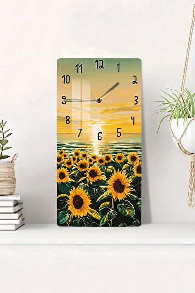 kutuTR Günebakan Çiçekleri Manzaralı Temperli Cam Tablo Saat – 30x60 cm UV Ba...