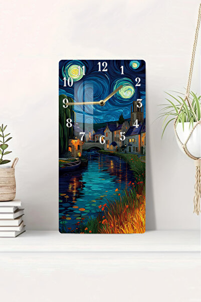 kutuTR Van Gogh Esintili Gece Manzaralı Temperli Cam Tablo Saat – 30x60 cm UV...