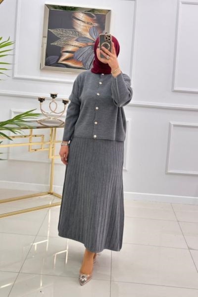Enans Design Button Detailed Knitwear Cardigan and Skirt Bengü Two-Piece Hijab Set