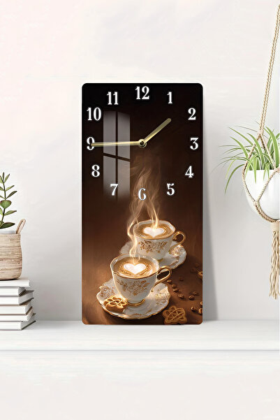 kutuTR Romantik Kahve Fincanlı Temperli Cam Tablo Saat – 30x60 cm UV Baskı – ...