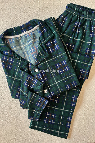 Feruzdesign Πράσινο καρό σετ πιτζάμες με μακρυμάνικο μπλουζάκι με κουμπιά μπροστά