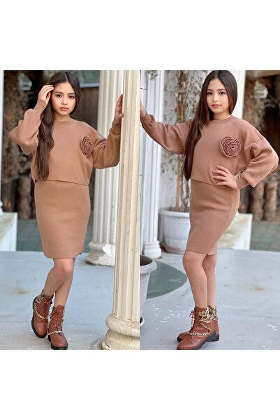 Amur Girl's Sweater and Skirt Knitwear Two-Piece Set Floral Detail & Bottom - Top Set