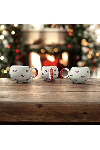 ADEN LİNA ART WORKSHOP 3 Piece Handmade Ceramic Mug with Red Bow Pattern