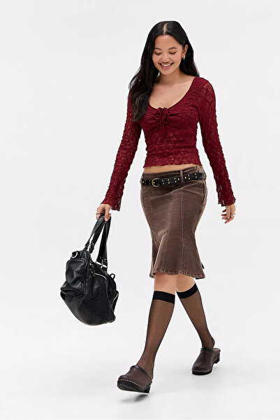 MAXLEVEL MODA BORDO RENK GÖĞÜS KISMI ASTARLI KADIN TRANSPARAN DANTEL CROP BLUZ