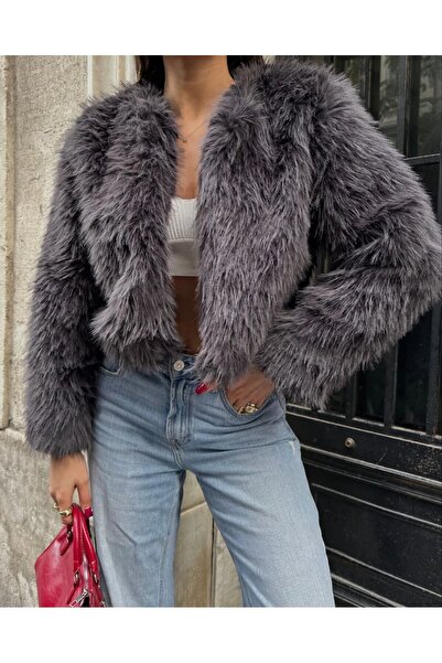 Elegance Scarf Yakasız Premium Ithal Lolita Kürk Mont Ceket Gelin Bolero Gelin Kürk Ceket Antrasit