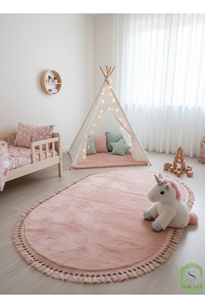 SERENİTA Yıkanabilir Post Peluş Kaymaz Taban Pembe Oval Saçaklı Salon Oturma / Çocuk Odası Mutfak Halısı
