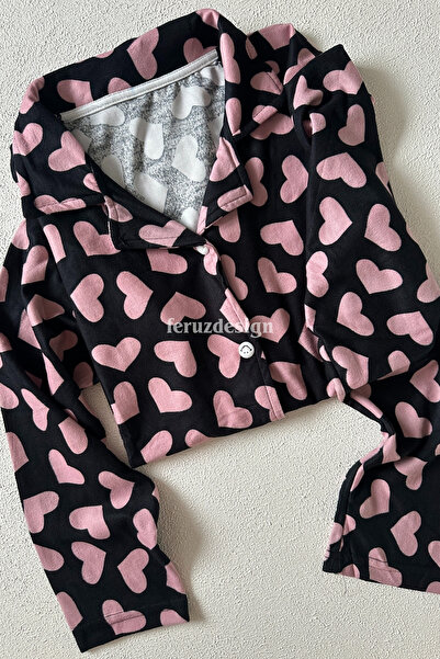 Feruzdesign Black Pink Heart Front Buttoned Long Sleeve Pajama Set