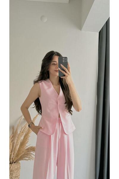Sedaunlu Beauty İki Düğmeli Pembe Keten Kumaş Yelek
