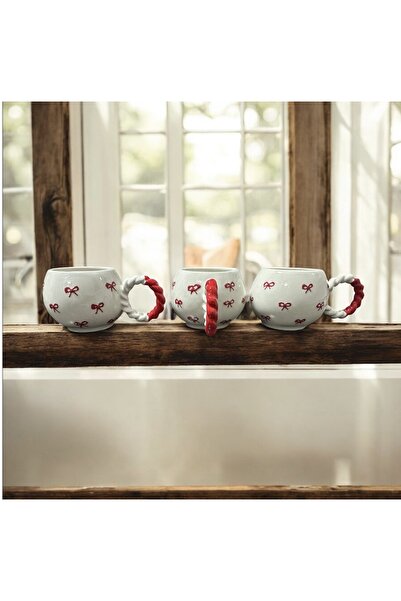 ADEN LİNA ART WORKSHOP 3 Piece Handmade Ceramic Mug with Red Bow Pattern