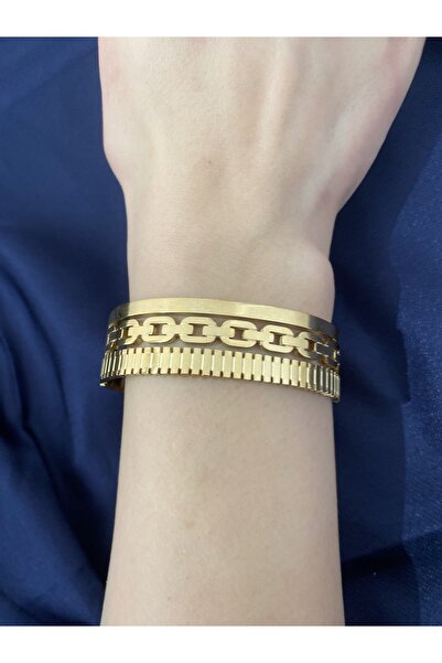 Zemira Gold Kelepçeli İnce Motifli Bileklik – Modern Minimal