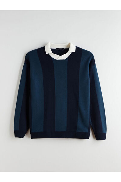 LC Waikiki Indigo Polo Yaka Çizgili Erkek Triko Kazak