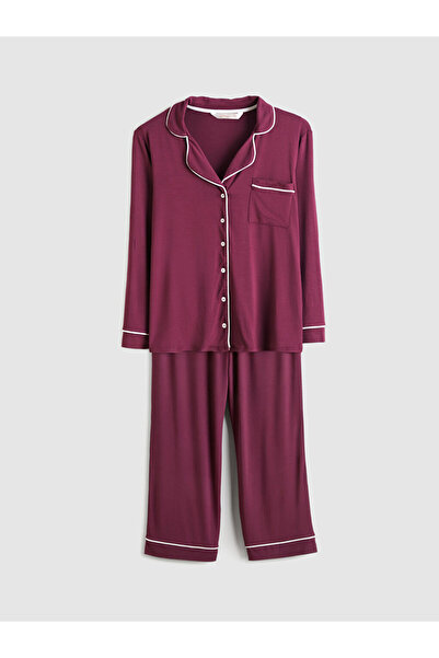 LC Waikiki Mürdüm Büyük Beden Gömlek Yaka Kadın Pijama Takımı