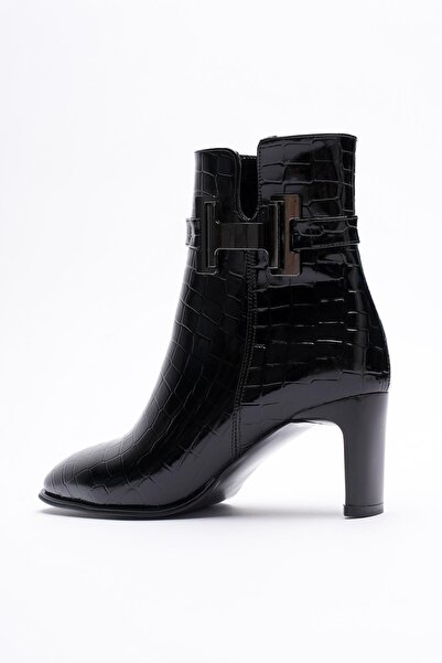 Mubiano Kadın Rugan Krokodil Topuklu Bot 6.5 cm Fermuarlı Gold Tokalı Siyah Hermina