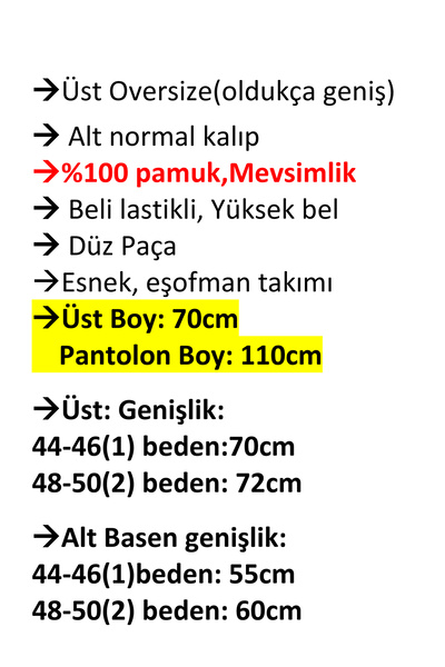 anne moda ankara Oversize Top (Very Loose), Regular Fit Bottom, 100% Cotton Tracksuit Set