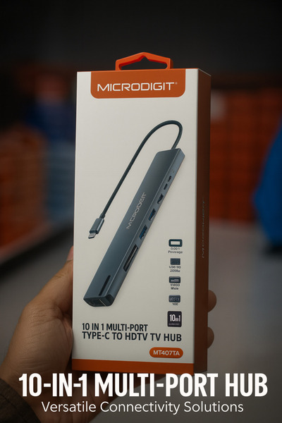 Microdigit 10 في 1 تايب C متعدد المنافذ | HDMI 4K، USB 3.0، شبكة RJ45، قارئ SD/TF، شحن سريع PD 100W – MT407TA