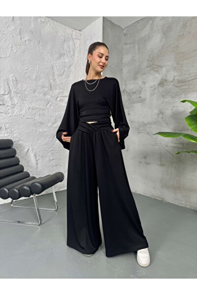 Elif Özbey Butik Black Belt Pleated Sleeves Flared Suit