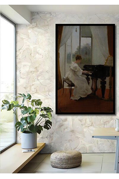 Teona Ahşap Dekoratif Ahşap Dikdörtgen Tablo Piyano Çalan Kadın Çerçeve Görün...