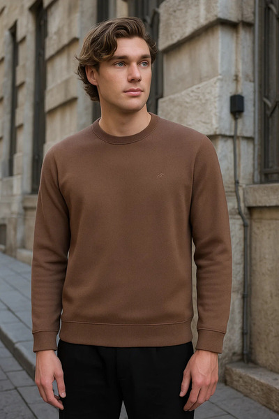 SILVANO Men's Crew Neck Casual Winter Brown Sweatshirt