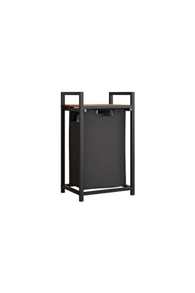 OEM Coș de rufe negru metalic cu raft din lemn 50x32.5x71cm - 45L