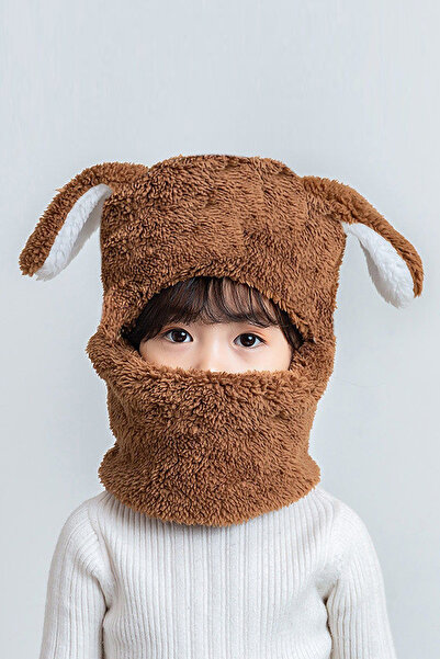 Leiste Children's Plush Beanie with Rabbit Ears Welsoft Scarf Neck Collar All-In-One Windproof Hat with Ears