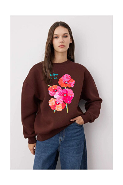 Tubinyoo Pink Flowers Printed Crew Neck 3-Thread Sweatshirt