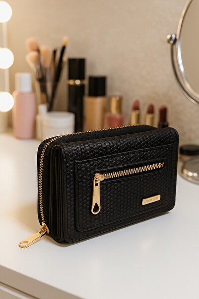 Newish Polo Zippered Portfolio Wallet Patterned Vegan Faux Leather - Medium Size