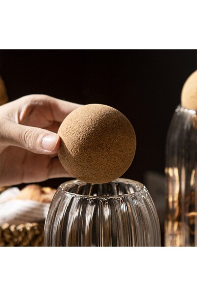 Reoona Set of 3 Striped Glass Jars with Cork Top Lids, Tea Sugar Coffee Jar Legumes (500-700-1000)