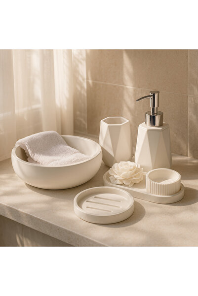 AKANART طقم حمام من الخرسانة البيضاء مكون من 7 قطع من ستوديو