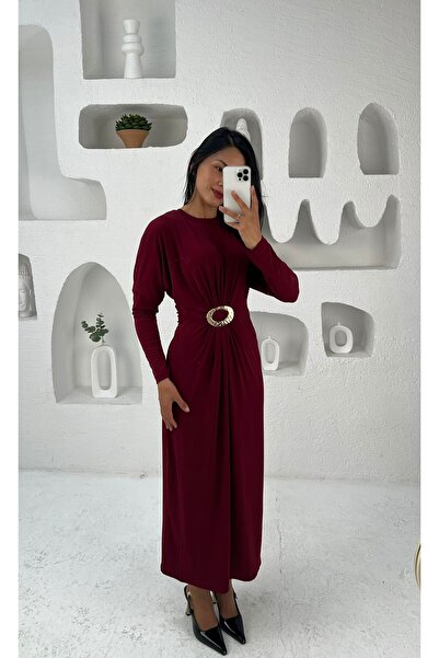 Nida Boutique Bisiklet Yaka Yarasa Kol Gold Toka Detaylı Cendy Kumaş Elbise