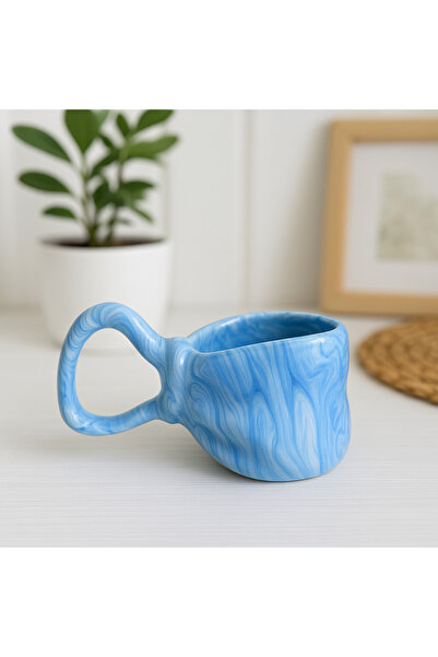 Kotium Ceramics Kurdele Kupa MAVİ EBRULİ Desenli Tamamıyla El Yapımı Özel Tasarım Seramik Kupa