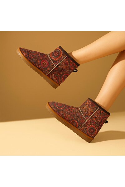 desipark Kadın Classıc Ultra Mini Etnik Desenli Kürklü Süet Bot