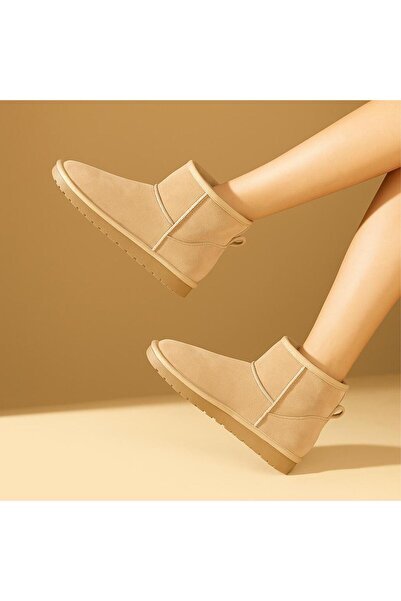 desipark Kadın Classıc Ultra Mini Bej Kürklü Süet Bot