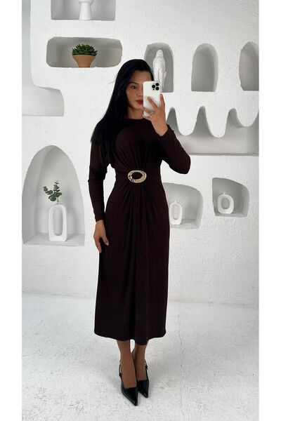 Nida Boutique Bisiklet Yaka Yarasa Kol Gold Toka Detaylı Cendy Kumaş Elbise