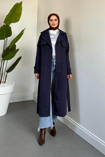 MERVEN AKYÜZ Mivora Astarlı Gabardin Trençkot Lacivert