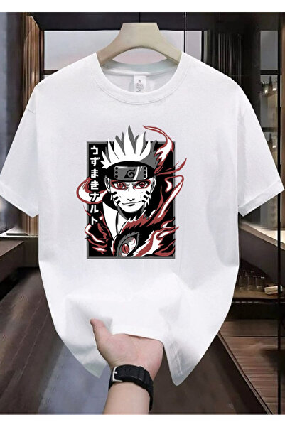 RYO FASHİON تي شيرت ناروتو مطبوع للجنسين أبيض بأكمام قصيرة